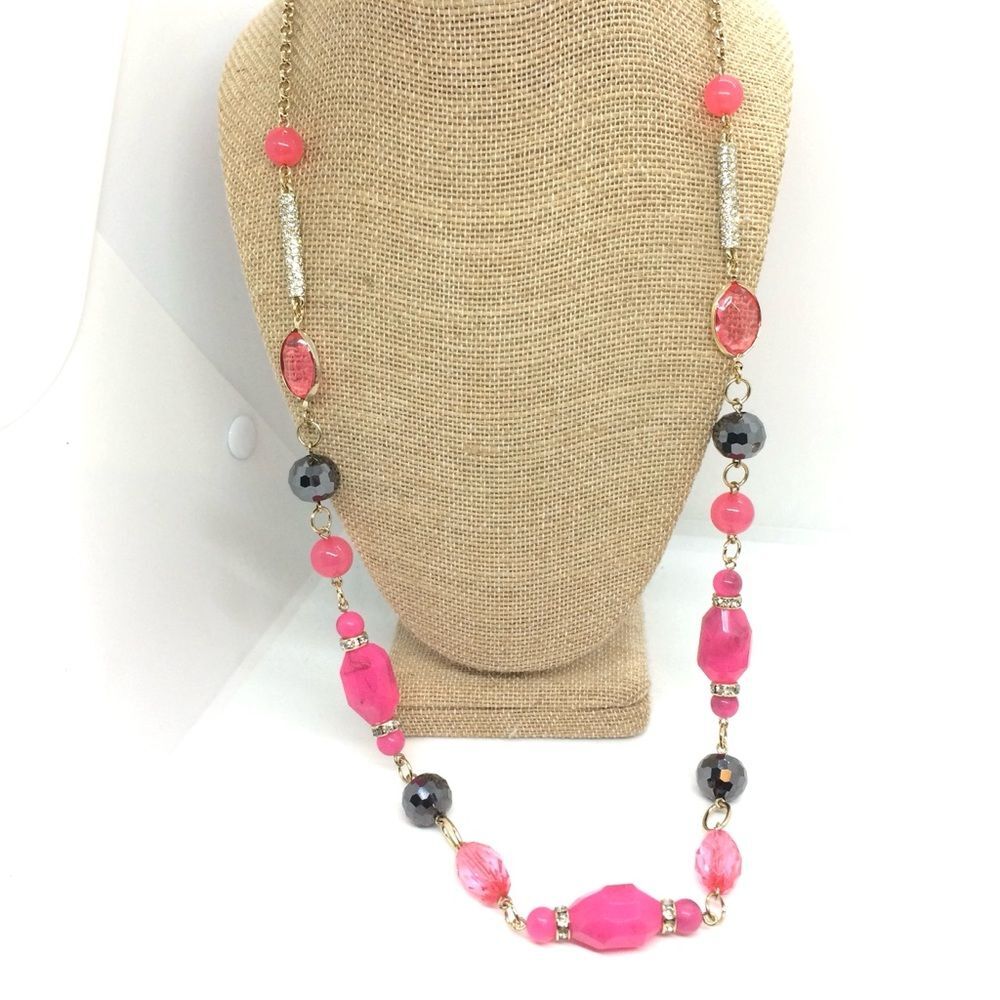3/$30 PINK BLACK NECKLACE Long Beaded Rhinestone Statement Lydell NYC 28" NWT